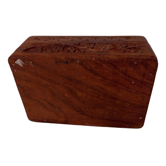 Vintage Hand Carved Wooden Box Mother of Pearl Inlay Floral Leaf Jewelry Chest - Picture 7 of 9